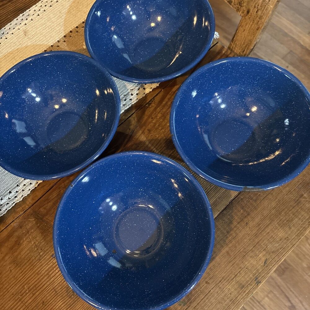 Lot of 4 Blue Enamel White Speckled Tin Camping Bowls 6” Tailgating